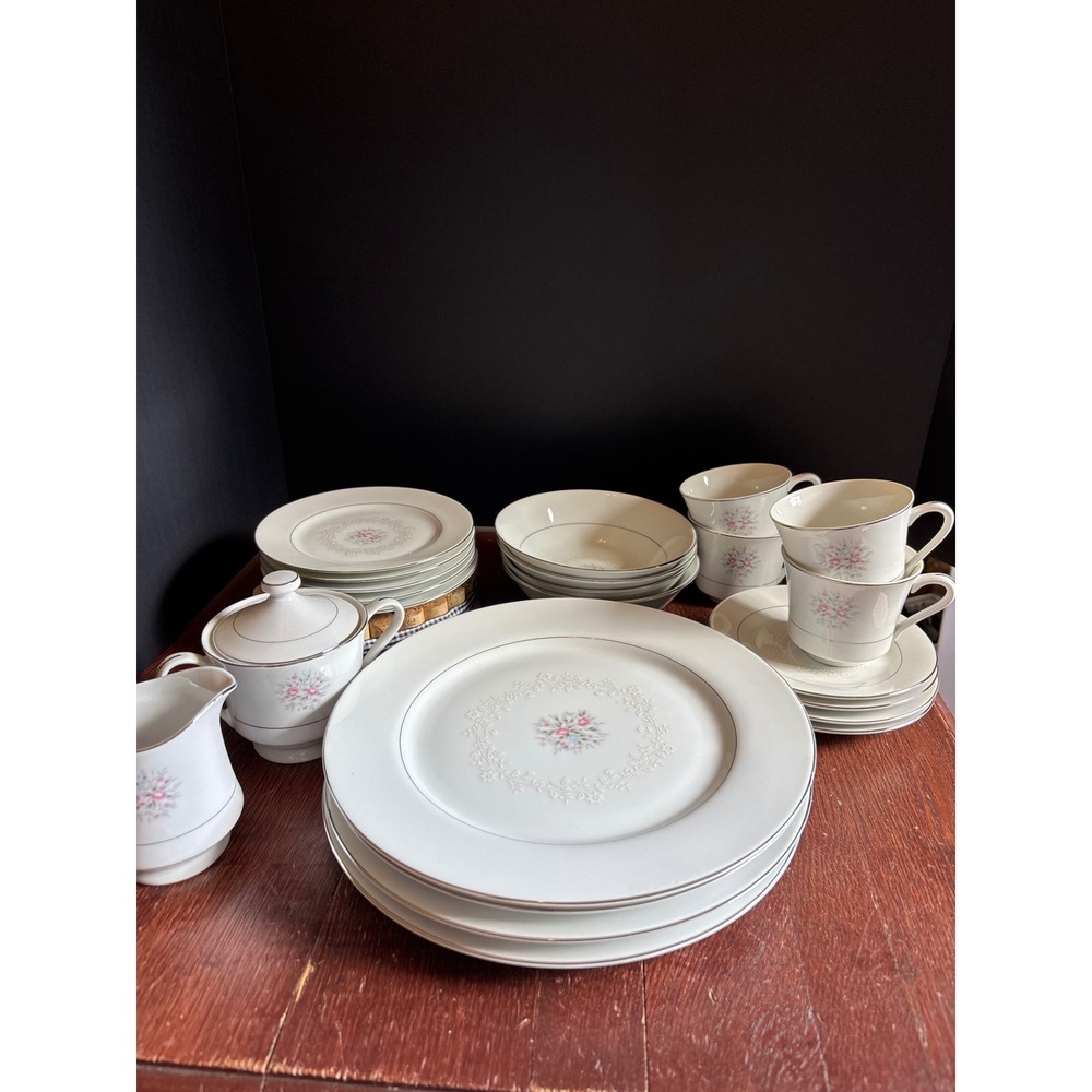Nasco Sweet Afton Fine China Japan Pink Floral Silver Trim Dinnerware Set 24pc